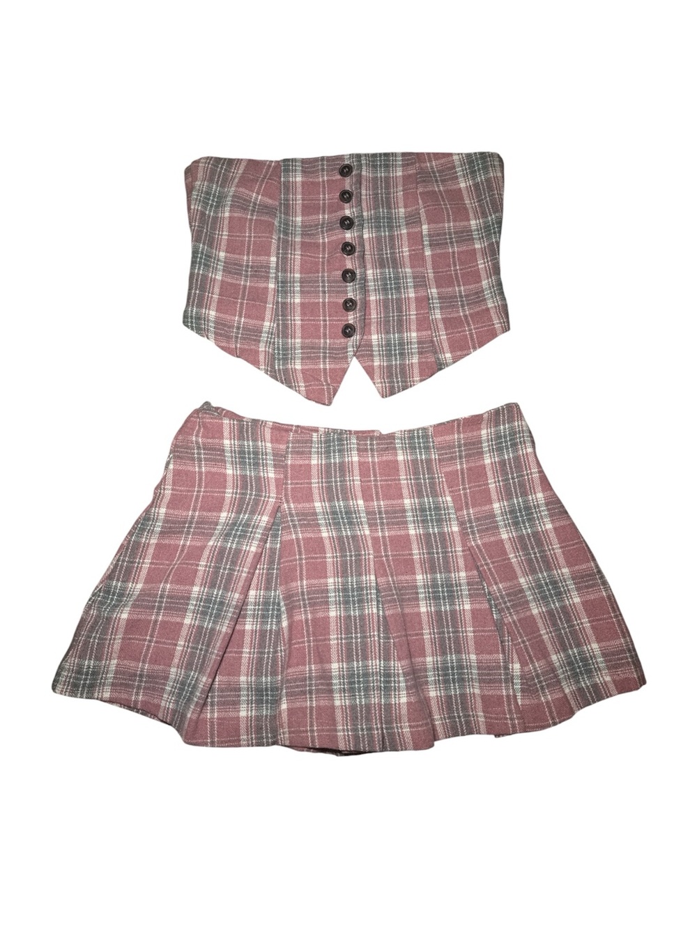 Fashion Nova two piece plaid set with strapless button up top and skirt L